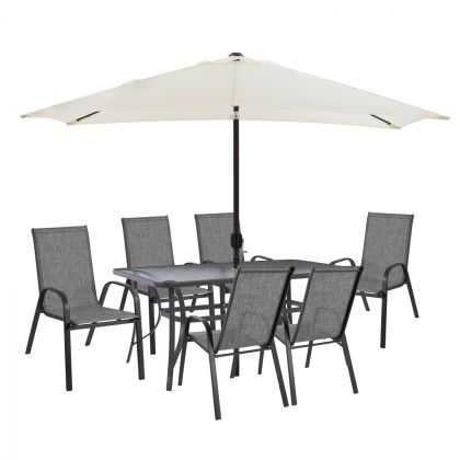 DINING SET 8PCS TABLE WITH GRAY ARMCHAIRS & BEIGE GRAY UMBRELLA HM11474