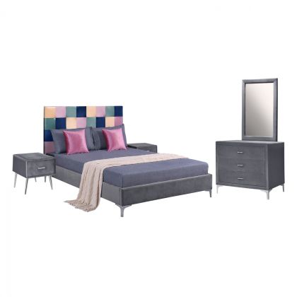 Set Bedroom 4 pieces Velvet Grey Color Pattern HM11263