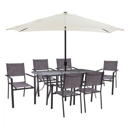 DINING SET 8PCS TABLE 150x90 WITH TEXTILINE ARMCHAIRS GRAY & BEIGE UMBRELLA HM11470