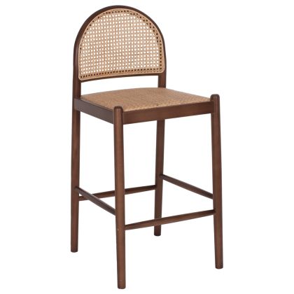 BAR STOOL BEECH WOOD WALNUT RATTAN BEIGE HALF-ROUND BACK 47x46x100Hcm.HM9408.04