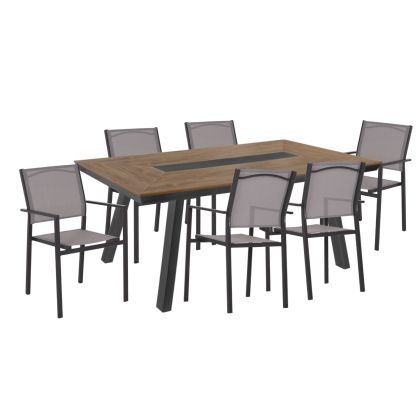 OUTDOOR DINING SET HM11793 7PCS ALUMINUM POLYWOOD TABLE & METAL ARMCHAIRS TEXTLINE GREY