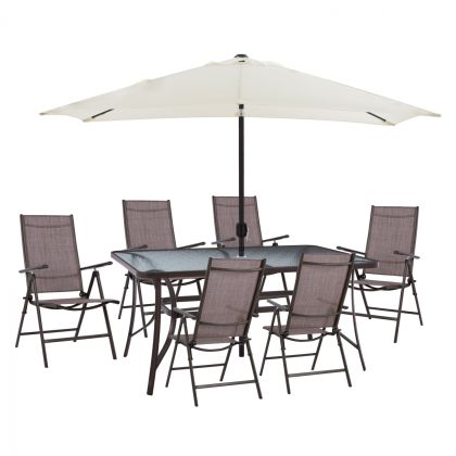 DINING SET 8PCS TABLE WITH BEIGE UMBRELLA & FOLDABLE BROWN ARMCHAIRS HM11491