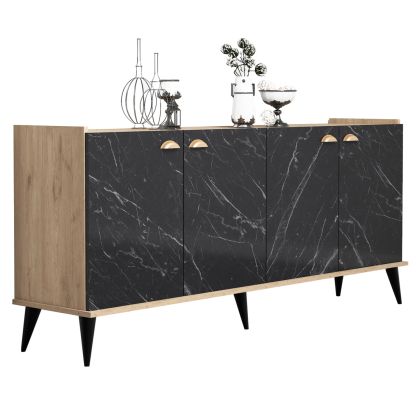 MELAMINE BUFFET HM9045.01 NATURAL WOOD SHADE - BLACK MARBLE LOOK 180x41x77,8Y cm.