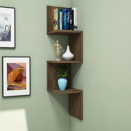 WALL CORNER SHELVES/BOOKCASE ILLUSION HM8935.11 MELAMINE IN DARK NATURAL 25x25x105,4Hcm.