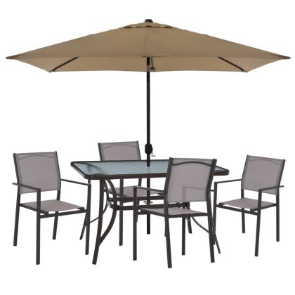 OUTDOOR DINING SET HM11801.02 6PCS METAL TABLE-METAL ARMCHAIRS TEXTLINE GREY-UMBRELLA IN MOCHA