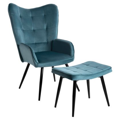 ARMCHAIR BERGERE WITH FOOTSTOOL CRAWLEY HM8918.17 PETROL BLUE VELVET 70x73x102Hcm