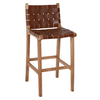 STOOL WITH BACKREST FB99380.01 TALL MINDI WOOD KNITTED LEATHER NATURAL, 40X53X89H