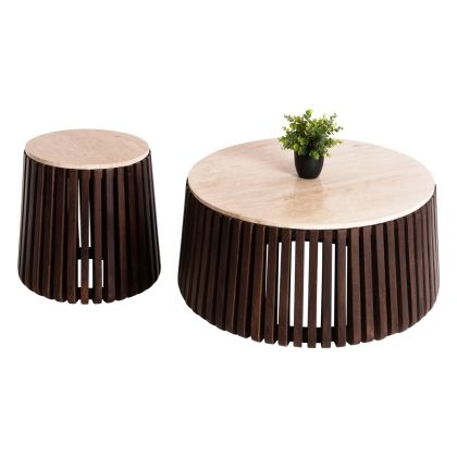 SET 2PCS COFFEE TABLES ROUND KREST HM11958 SOLID ACACIA WOOD-TRAVERTINE Φ90 & Φ50cm.