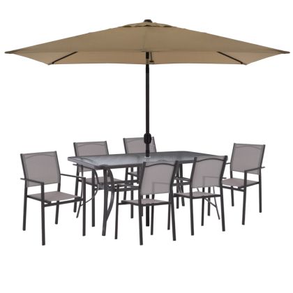 OUTDOOR DINING SET HM11797.02 8PCS TABLE 150X90 & METAL ARMCHAIRS TEXTLINE GREY & UMBRELLA MOCHA