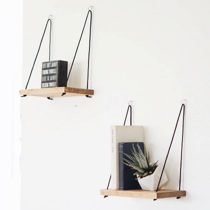 WALL SHELVES SET WITH ROPE AND WOOD HM8970.01 NATURAL WOOD BLACK 40x13x50 cm.