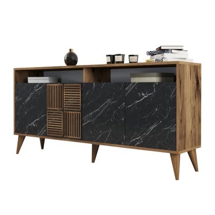 BUFFET MELAMINE HM9506.02 WALNUT WITH BLACK MARBLE-LOOK DOORS 160x35x78Hcm.