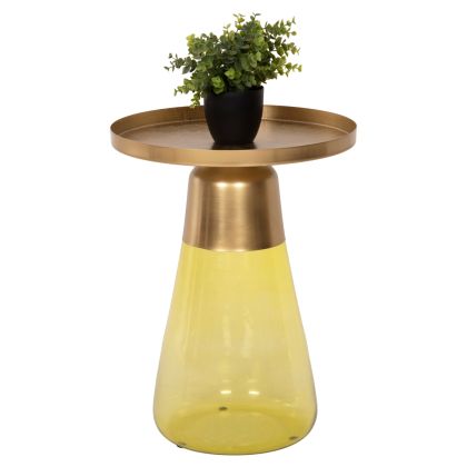 SIDE TABLE VALERY HM9732 LIGHT GREEN GLASS BASE-METAL TOP IN GOLD Φ39,5x52Hcm.