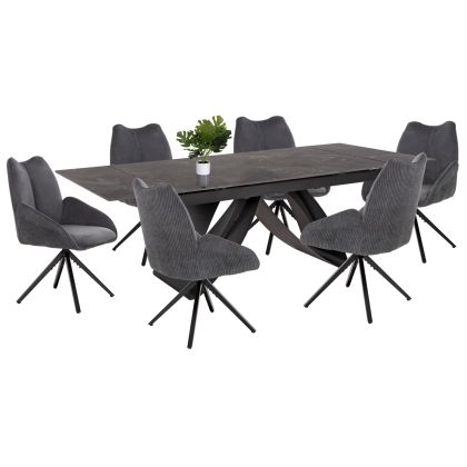 INDOOR SINING SET 7PCS TEGATT ΗΜ21043 EXPANDABLE TABLE WITH 6 ARMCHAIRS IN GREY COLOR