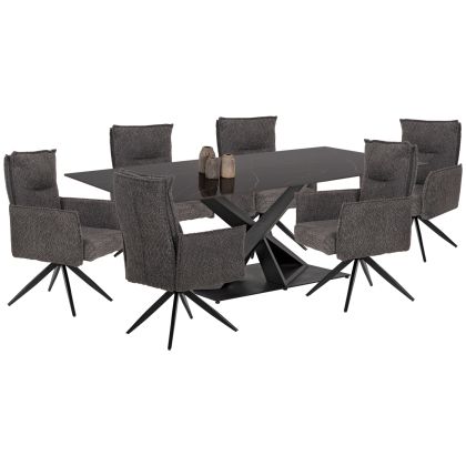 INDOOR DINING SET 7PCS RUBBY HM21044 TABLE WITH CERAMIC TOP- 6 ARMCHAIRS IN GREY COLOR