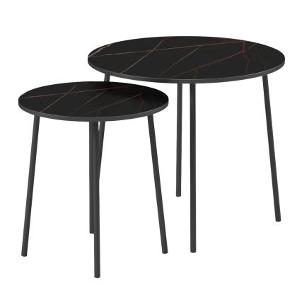 COFFEE TABLES 2PCS ROUND CUPPER HM9878.13 MELAMINE IN BLACK MARBLE-BLACK METAL Φ55x45Hcm.