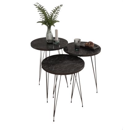 SET OF 3 ROUND SIDE TABLES NISSA HM18173.02 MELAMINE IN BLACK MARBLE-BLACK METAL LEGS