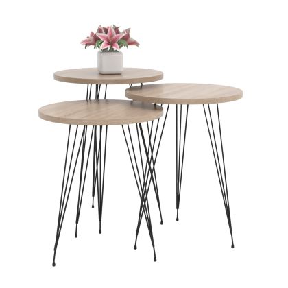 SET OF 3 ROUND SIDE TABLES NISSA HM18173.03 MELAMINE IN SONAMA-BLACK METAL LEGS