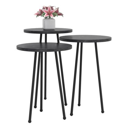 SET OF 3 ROUND SIDE TABLES KISSA HM18174.02 MELAMINE IN BLACK MARBLE COLOR-BLACK METAL LEGS