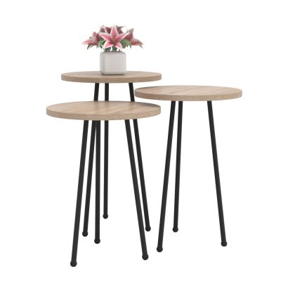 SET OF 3 ROUND SIDE TABLES KISSA HM18174.03 MELAMINE IN SONAMA COLOR-BLACK METAL LEGS