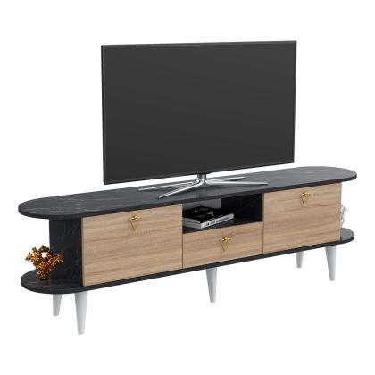 TV FURNITURE BEECON HM18185 MELAMINE IN BLACK MARBLE & SONAMA-WHITE LEGS 180x36x53Hcm.