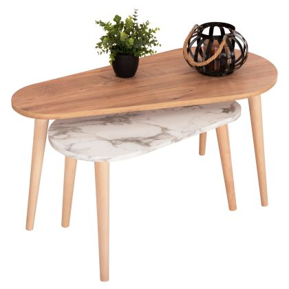 COFFEE TABLES 2PCS APRILIA HM18179.03 MELAMINE IN NATURAL & WHITE MARBLE-WOODEN LEGS IN NATURAL 94x47x47,5Hcm