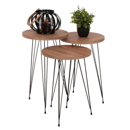 SET OF 3 ROUND SIDE TABLES NISSA HM18173.04 MELAMINE IN NATURAL WOOD COLOR-BLACK METAL LEGS