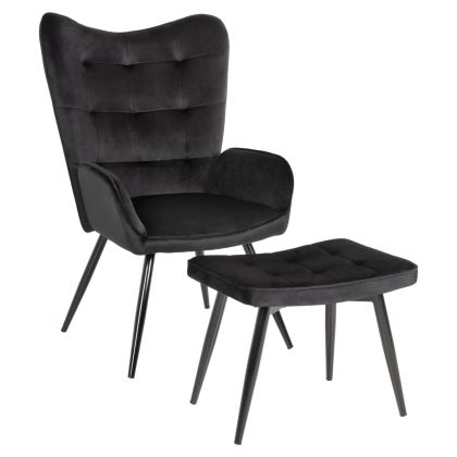 ARMCHAIR WITH FOOTSTOOL CRAWLEY HM8918.04 BLACK VLEVET-METAL LEGS 70x57x103Hcm.