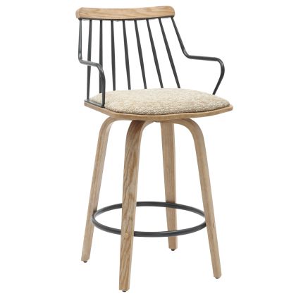 BAR STOOL JUDI HM9985.01 PLYWOOD IN WHITEWASH-BLACK METAL-BEIGE FABRIC 48x52x92Hcm.