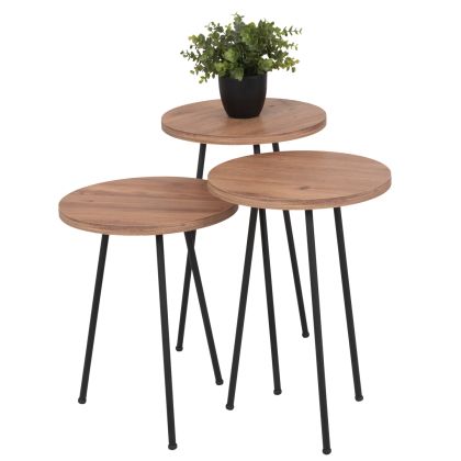 SET OF 3 ROUND SIDE TABLES KISSA HM18174.04 MELAMINE IN NATURAL WOOD COLOR-BLACK METAL LEGS