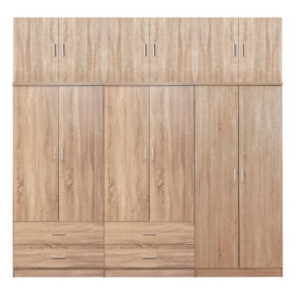 WARDROBE REINA HM21063.02 6-LEAF-4 DRAWERS-UPPER CABINET-MELAMINE IN SONAMA 240x43x241Hcm.