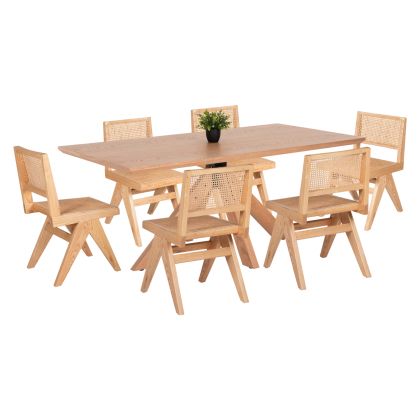 DINING SET INDOOR 7PCS HM21059 TABLE PAOLO & 6 CHAIRS FREDRIK- NATURAL WOOD COLOR