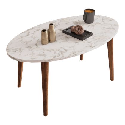 SET OF COFFEE TABLE & 3 SIDE TABLES VITAL HM18180.03 MELAMINE IN WHITE MARBLE-WOODEN LEGS IN WALNUT