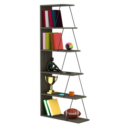 ЕТАЖ ЗА КНИЖИ MINI TARS HM2241.13 МАСЛИНЕНО СИВ МЕЛАМИН-ЧЕРНИ МЕТАЛНИ ПРЪТОВЕ 65x22-24x146Hcm.
