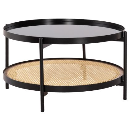 COFFEE TABLE SEITZ HM18030 GLASS TOP-METAL-RATTAN IN NATURAL Φ80x45Hcm.