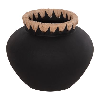 DECORATIVE VASE RENTON(S) HM4733 TERRACOTTA IN BLACK-STRAW WEAVING ON THE RIM Φ23x19Hcm.