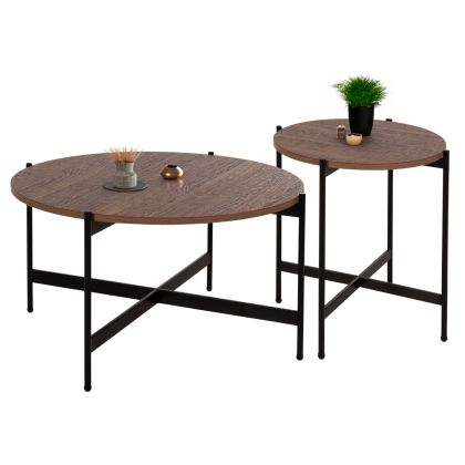 COFFEE TABLES 2PCS SET RONDA HM21089.03 MDF IN WALNUT COLOR Φ80cm & Φ50cm