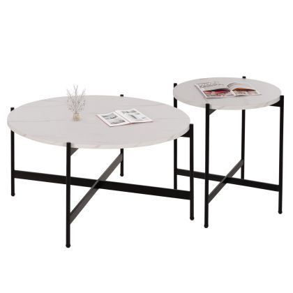 COFFEE TABLES 2PCS SET RONDA HM21089.04 MDF IN WHITE MARBLE COLOR Φ80cm & Φ50cm