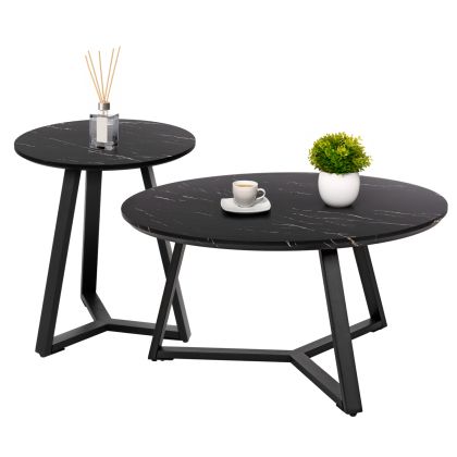 COFFEE TABLES 2PCS SET ROCKET HM21090 MDF IN BLACK MARBLE COLOR Φ80cm & Φ45cm
