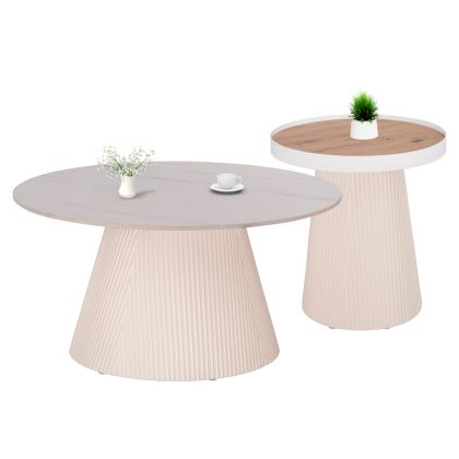 COFFEE TABLES 2PCS SET DUNCAN HM21082 MDF IN CREAM WHITE AND CERAMIC TOP Φ80cm & Φ45cm