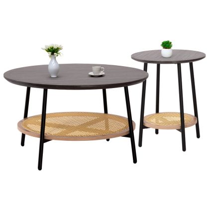 COFFEE TABLES 2PCS SET SEWELL HM21087 MDF-METAL-SYNTHETIC RATTAN Φ80cm & Φ45cm