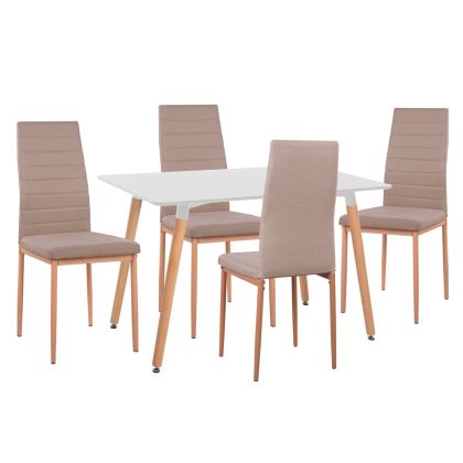 DINING SET 5PCS MINIMAL HM11767 WHITE MDF TOP-BEIGE FABRIC CHAIRS