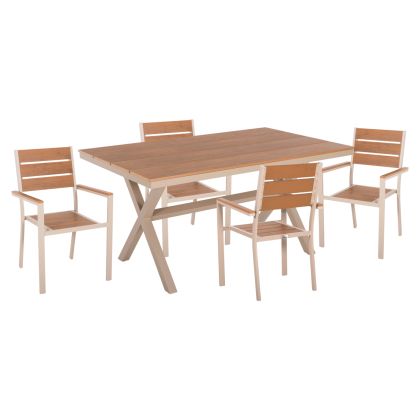 OUTDOOR DINING SET SAGA HM21196 TABLE & 4 DINING CHAIRS-ALUMINUM & POLYWOOD--CHAMPAGNE COLOR