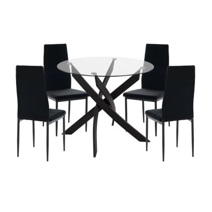 DINING SET 5PCS LADY HM21199.04 GLASS TOP--METAL & VELVET IN BLACK