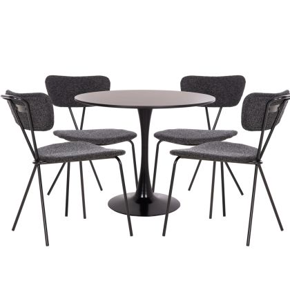 DINING SET 5PCS BROLIN HM21200 MDF TOP & METAL IN BLACK--DARK GREY FABRIC