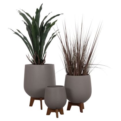SET 3 POTS/VASES WITH TEAK BASES TRYLL HM4681.03 FIBER CEMENT IN GREY