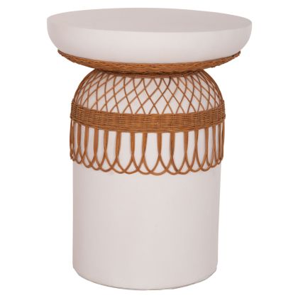 DINING TABLE ROUND PRILEP HM18159.02 FIBER CEMENT IN WHITE & RATTAN--Φ60x76.5Hcm.