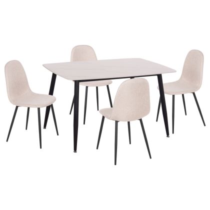 DINING SET 5PCS RAVEN HM21068.01 CERAMIC TOP WHITE MARBLE--BEIGE FABRIC