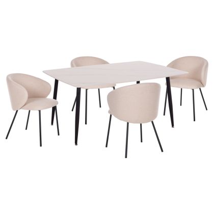 DINING SET 5PCS RAVEN HM21069.01 CERAMIC TOP IN WHITE MARBLE & 4 CHAIRS