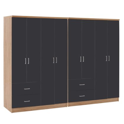 8-LEAF WARDROBE BRIANA HM21237.01 MELAMINE IN SONAMA & DARK GREY 241x42,5Χ180,5Hcm.