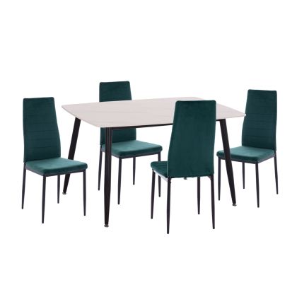 DINING SET 5PCS RAVEN HM21265.01 CERAMIC TOP WHITE MARBLE--VELVET IN CYPRESS GREEN
